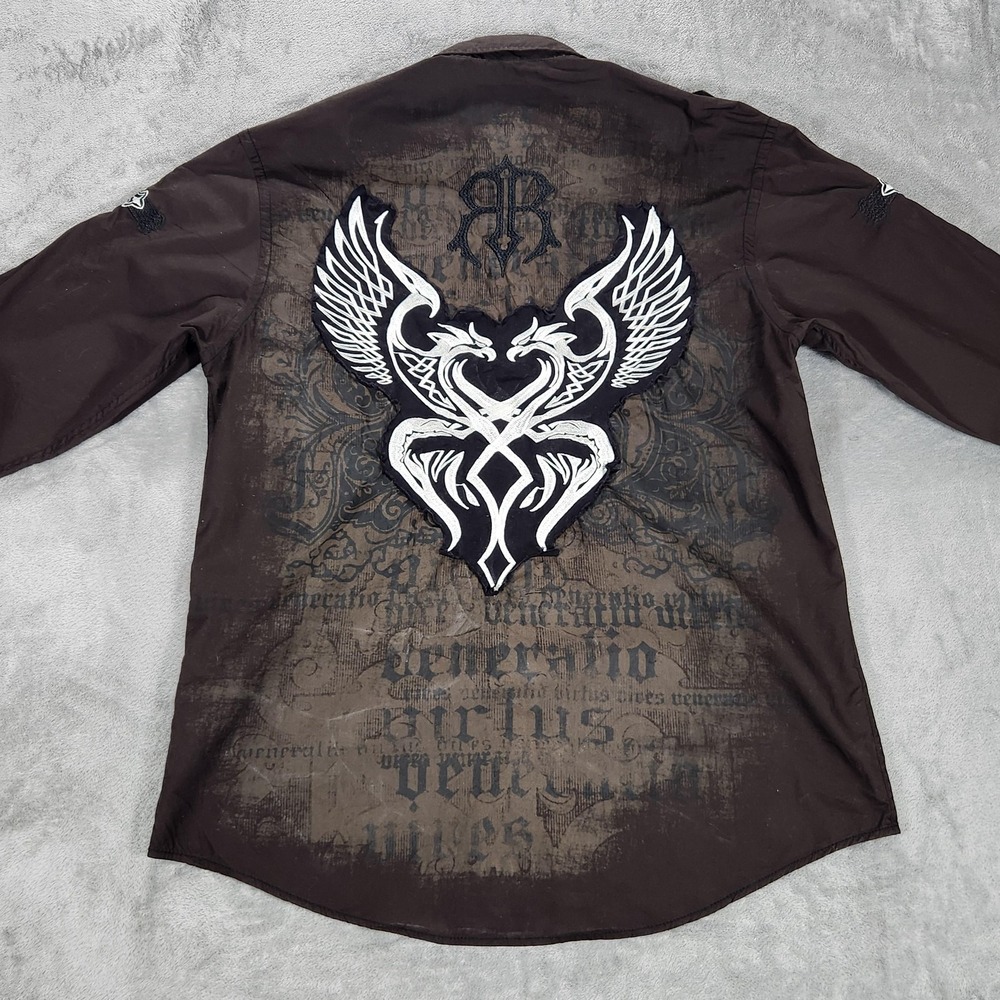 Roar Shirt Mens Large Brown Gothic Wings Cross Long Sleeve Button Up Embroidered